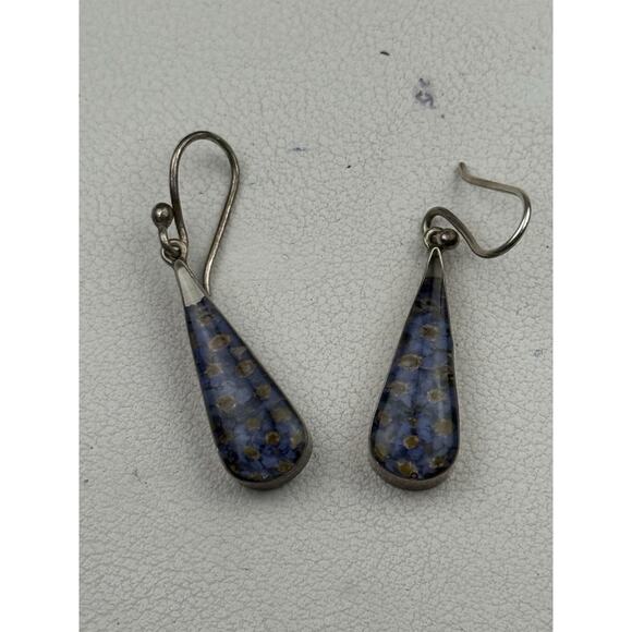 ATI Sterling Silver Pierced Hook Earrings Resin Blue Flowers - Picture 6 of 11